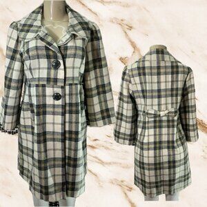 Takara L Black-Cream Plaid Lined 2 Button Down Collar Wool Blend 3/4 Sleeve Coat